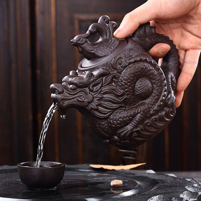 China Traditional Ceramic Tea Pot Dragon Phoenix Tea Kettle Purple Clay Tea Set