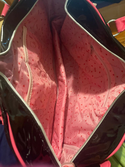 Black Hello Kitty PVC Shiny Stitched Bow Handbag Cute girl Duffle Bag Suitcase