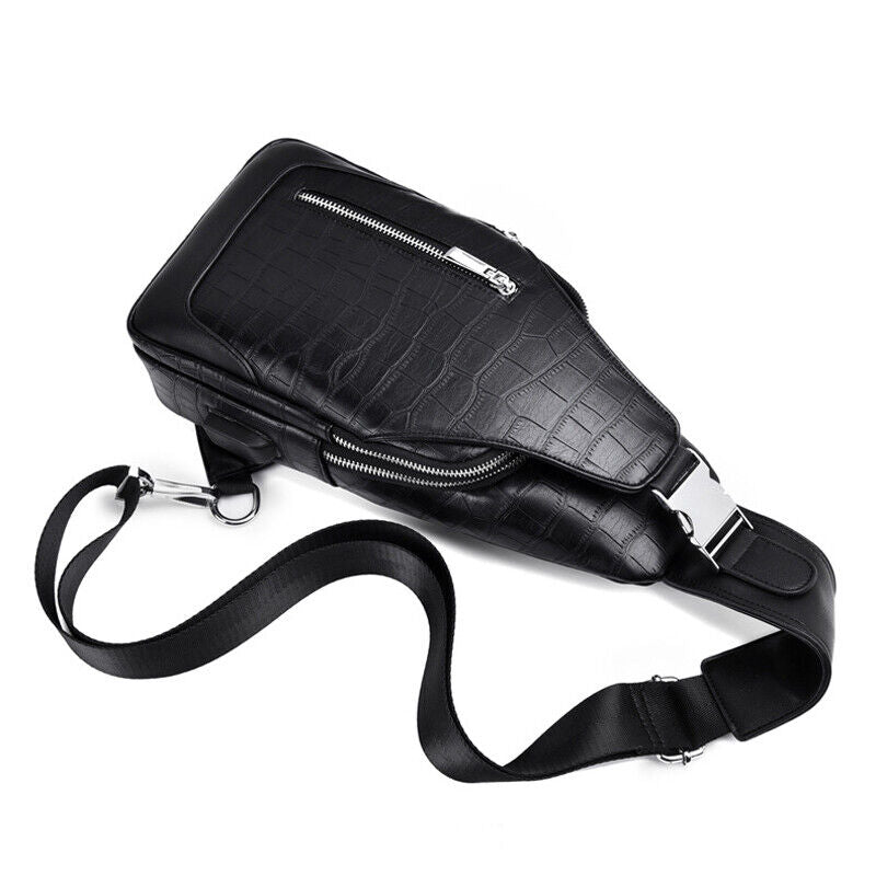 Men's Sling Backpack 100% Genuine Leather Crocodile Crossbody Chest Bag Daypack