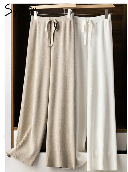 Women Pants Autumn Winter Wide Leg Pants Casual Drawstring Straight Wool Pants