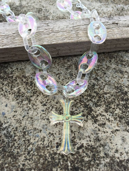 Women Necklace Cross Pendants Trendy Iridescent Acrylic Beads Chain Chokers 50cm
