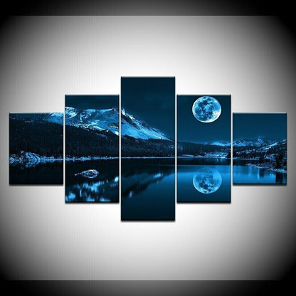 Blue Moon Night View 5 Panel Canvas Print Wall Art Poster Home Decoration