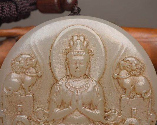 Chinese Natural Hetian Jade Carved Kwan Yin Statue Good Luck Pendant Jewelry Art