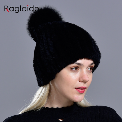Hot Sale Knitted Pompom Hats Women Beanies Elastic Rabbit Fur Caps Real Fur Hats