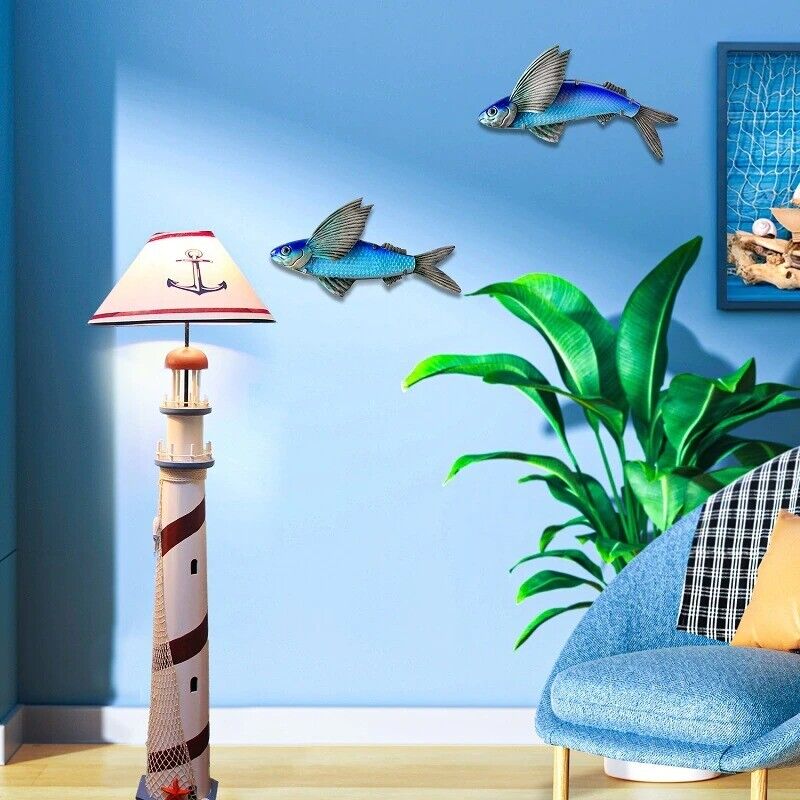 Wall Decor Flying Fish 2Pcs Metal Glass Sculpture Garden Art Hanging 38x2x18.5cm