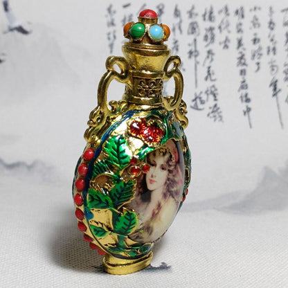 vintage Beijing chinese cloisonne snuff bottle box young women Painted souvenir