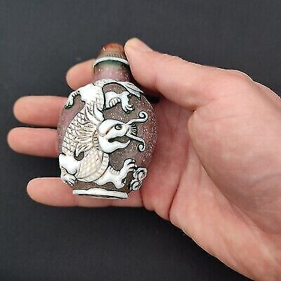 Vintage peking glass snuff bottle collection chinese dragon statue kylin overlay
