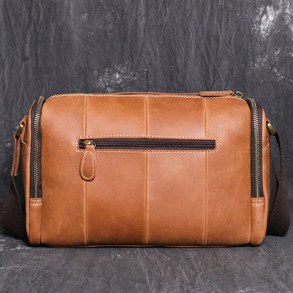 Men's Handmade Shoulder Bag 100% Crazy Horse Leather Cylinder Crossbody IPAD Bag