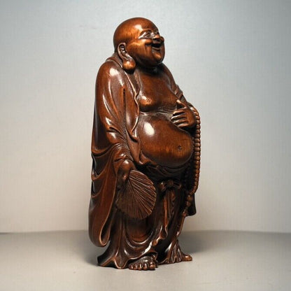 Vintage Chinese Boxwood Carving Laughing Buddha Statue Ornaments Wooden Figurine