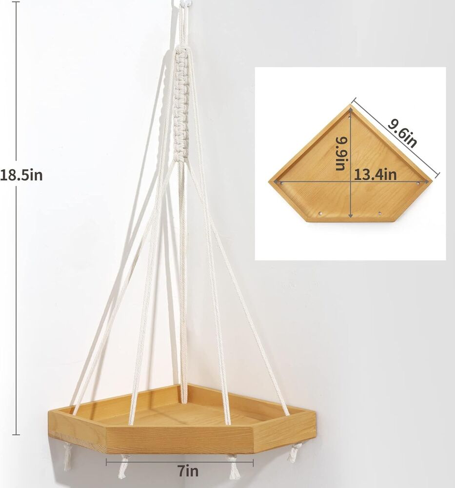 Hanging Corner Shelf Boho Rustic Farmhouse Macrame Pine Wood Decor Plant Display