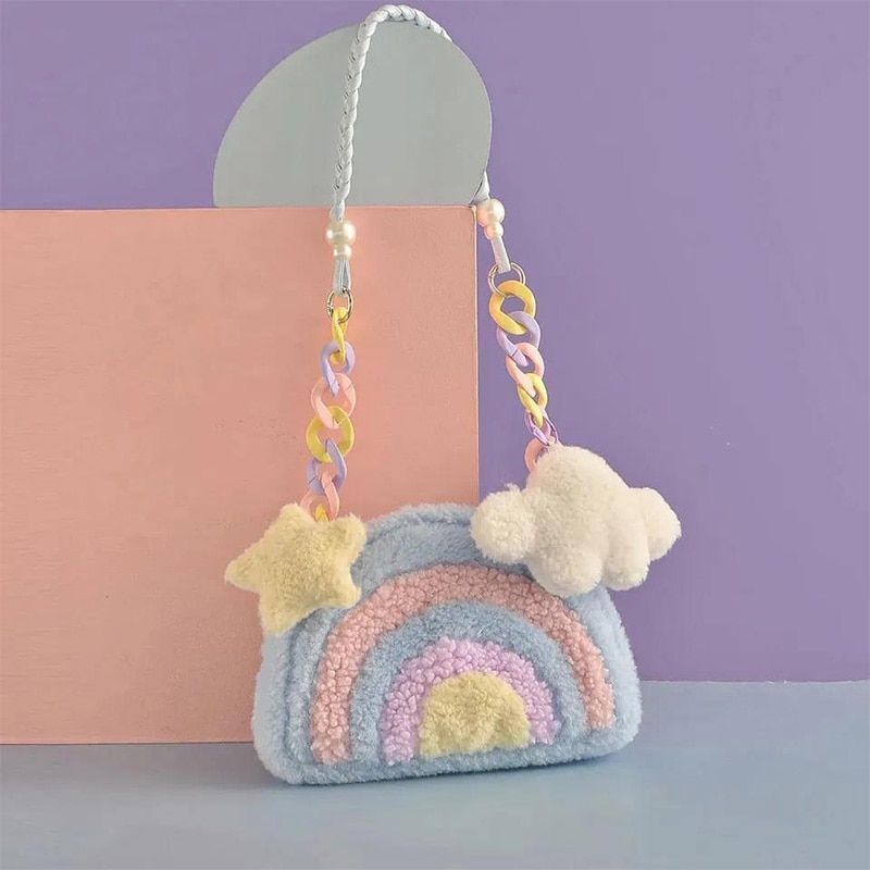 Rainbow Plush Purse Handbag Cloud Shoulder Bags 27*5*27 CM Acrylic Chain 86 CM