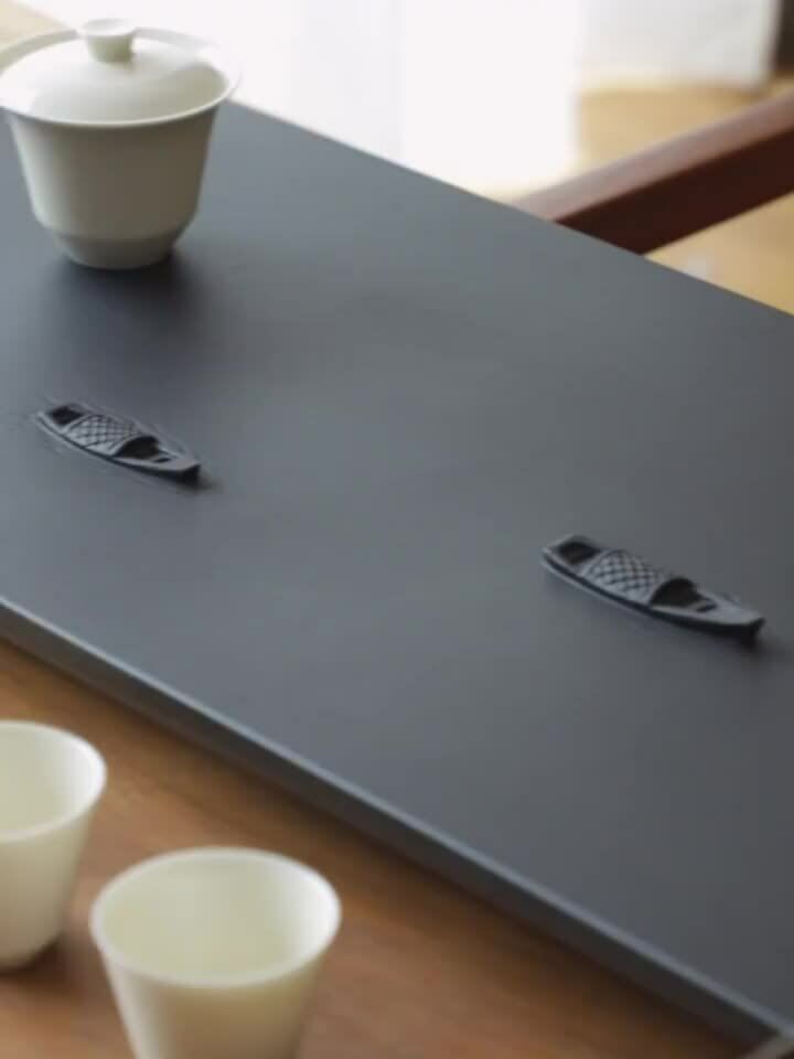 Chinese Tea Tray Black Stone Tea Table Boat Shape Design Water Draining Embossed