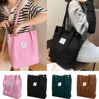 Women Corduroy Shoulder Bags Reusable Cotton Cloth Handbag School Shopping Large