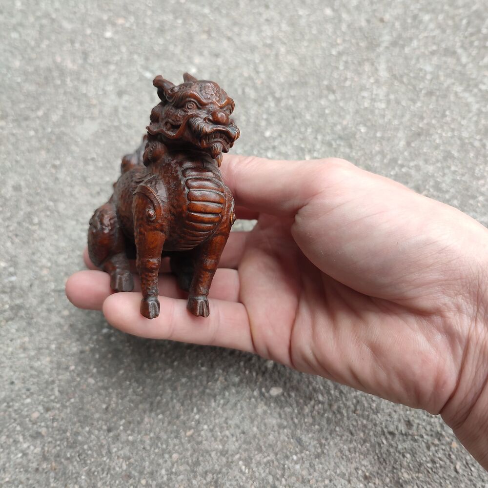 Chinese Wooden Dragon Statue unicorn Wood Carving Room desk Decorative Sculpture