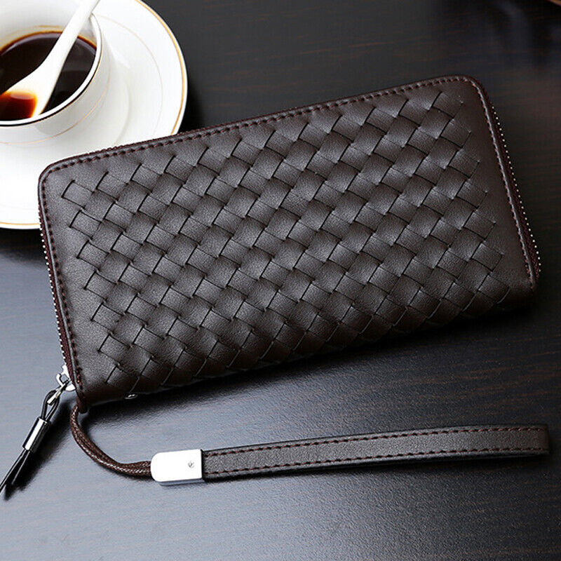 Men's Long Wallet New Designer Weaving Clutch Wallet Microfiber Leather Bag