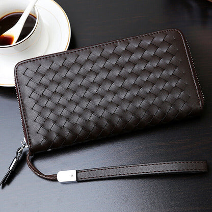 Men's Long Wallet New Designer Weaving Clutch Wallet Microfiber Leather Bag
