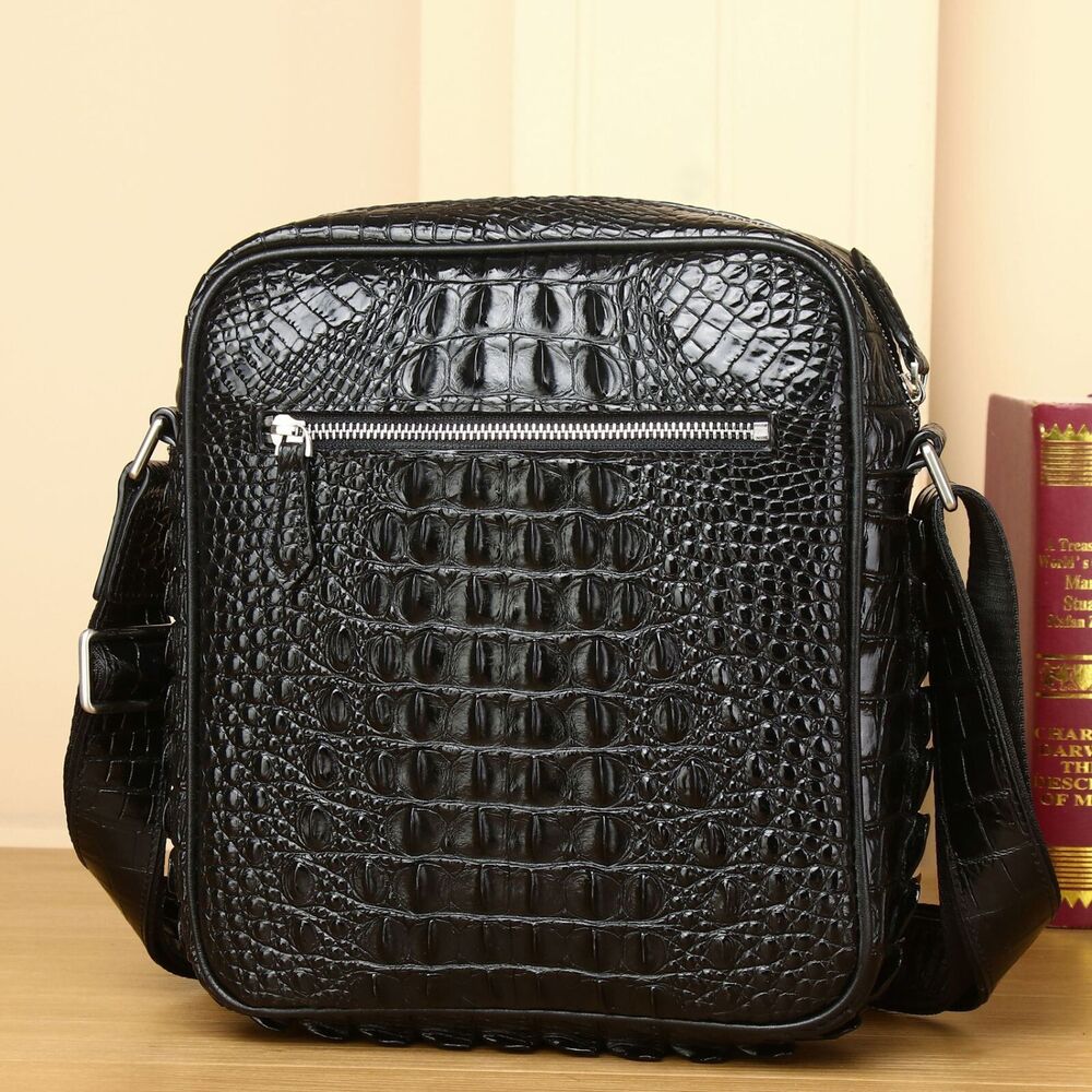 Top Cow Leather Crocodile Embossed, Black Men's Business Shoulder/Messenger bags
