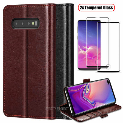 For Samsung Galaxy S10 Plus/S10e Case, Shockproof Leather Cover + Tempered Glass