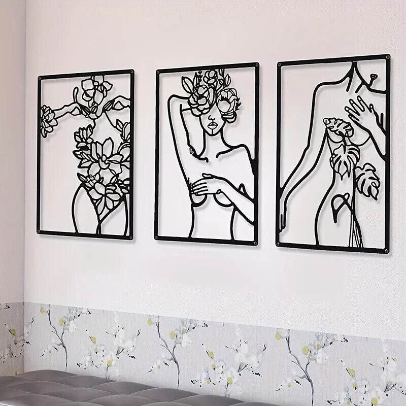 3pc Minimalist Abstract Woman Wall Art - Metal Line Drawing Home Decor