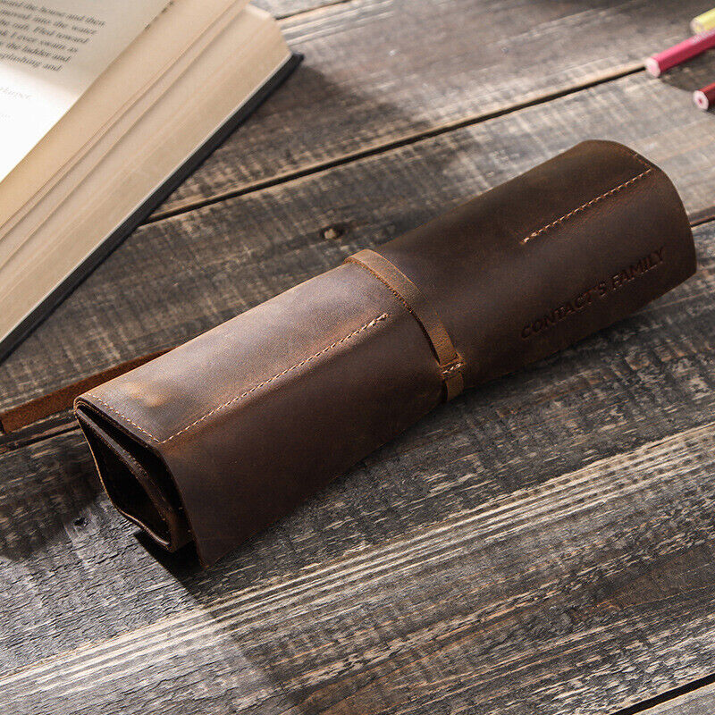 Handmade Cowhide Leather Pen Pouch Vintage Roll-up Pencil Case Bag Pen Curtain