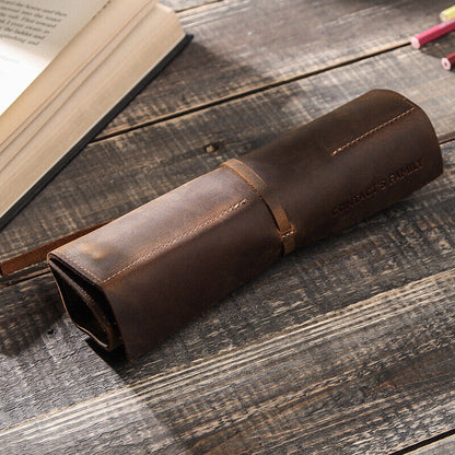 Handmade Cowhide Leather Pen Pouch Vintage Roll-up Pencil Case Bag Pen Curtain