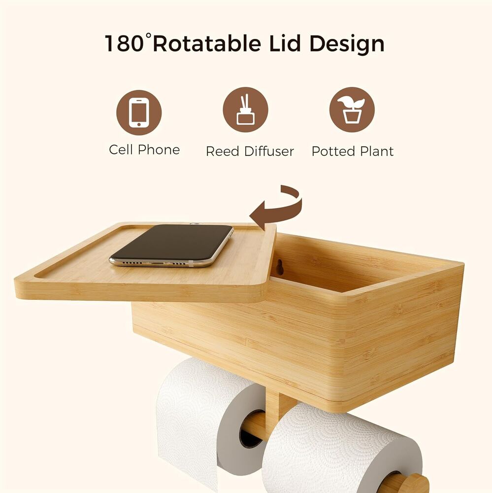 Bamboo Toilet Paper Holder with Shelf and Storage Wall Mount Organizer 3-In-1