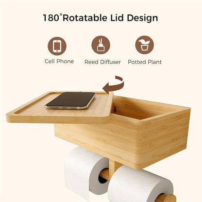Bamboo Toilet Paper Holder with Shelf and Storage Wall Mount Organizer 3-In-1