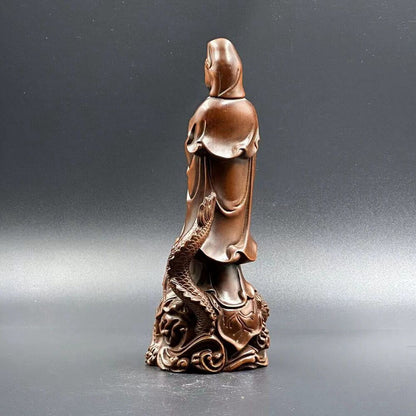 Chinese Boxwood Carving Dragon Kwan Yin Statue Sculptures Home Livingroom Decor