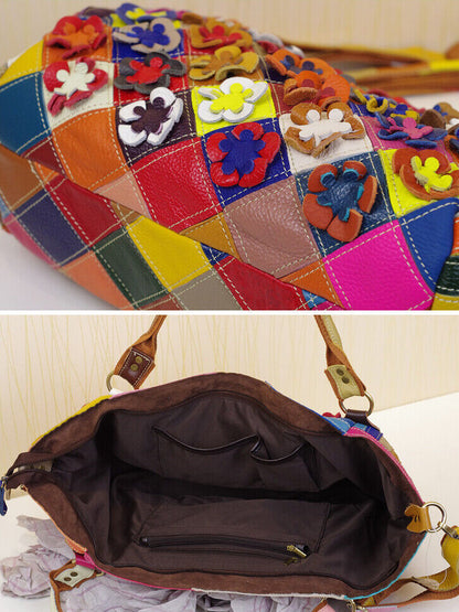 Designer Cow Leather Colorful Floral Patchwork Handbag Women's Tote Shoulder Bag