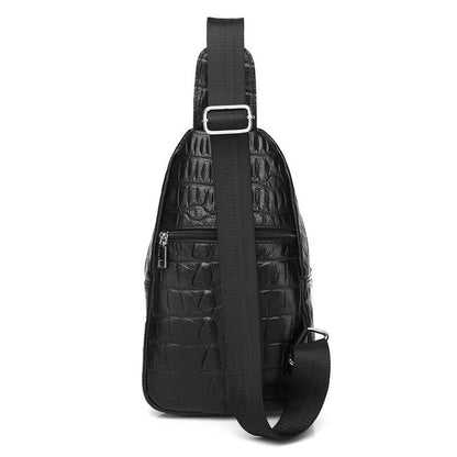 Black Real Leather Sling Backpack, Men's Crossbody Chest Bag Crocodile Print