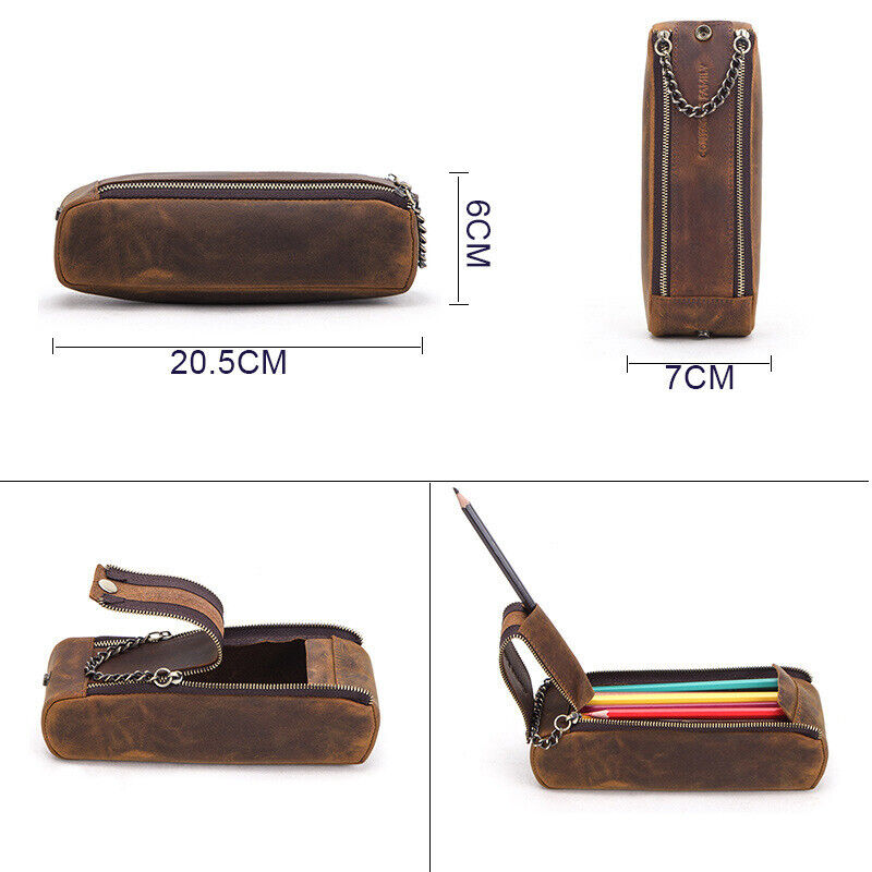 Handmade Cowhide Leather Pen Pouch Zipper Pencil Case Stationery Storage Pen Bag