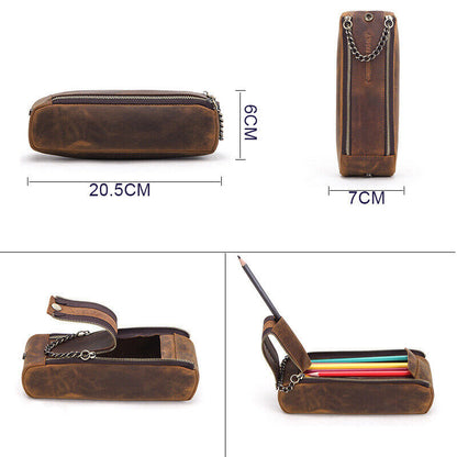 Handmade Cowhide Leather Pen Pouch Zipper Pencil Case Stationery Storage Pen Bag