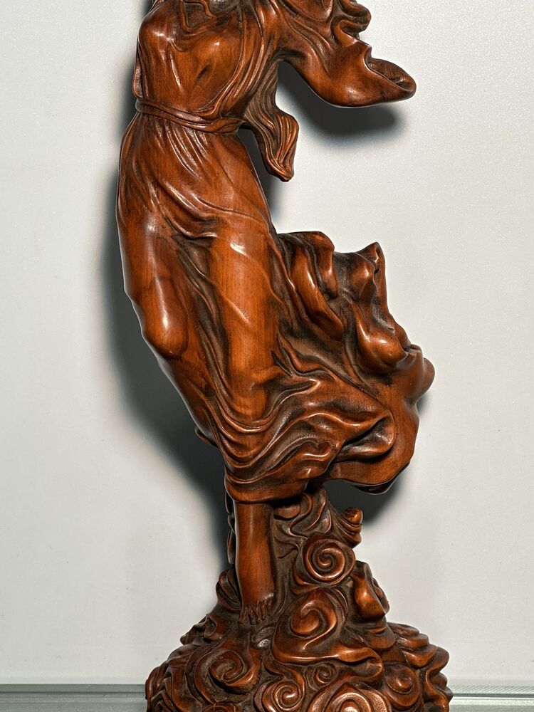 Chinese Wood Carved Boxwood Pretty Woman Girl Statue Wooden Sculpture Home Decor