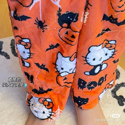 HelloKitty Halloween Pumpkin Pajamas Pants Women Autumn Winter Warm Flannel Slee