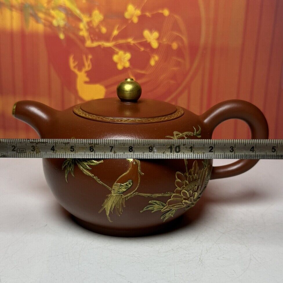 Vintage Chinese Yixing Purple Clay Teapot Zisha Ceremony Flower Bird Teaware Art
