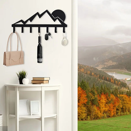 Mountain Metal Key Holder 7 Hooks Sunset Scenery Black Iron Wall Mounted Hooks