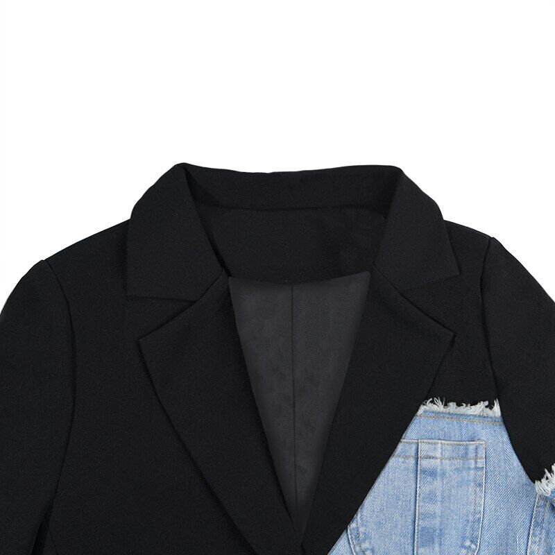 Spring Suit Stitching Denim Coat Single Breasted Color Block Jacket Coats