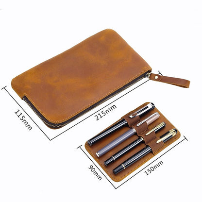 Handmade Cowhide Leather Fountain Pen Case, Pencil Case Stationery Storage Bag
