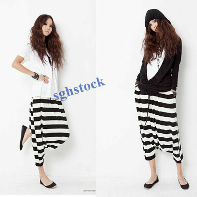 Women Striped Harem Pants New Casual Baggy Low Drop Crotch Trousers Rock Loose @