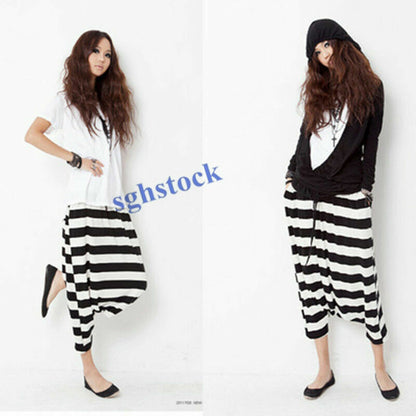 Women Striped Harem Pants New Casual Baggy Low Drop Crotch Trousers Rock Loose @