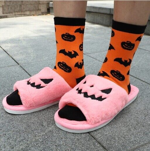 Women Halloween Pumpkin Slippers Soft Plush Flip Flop Indoor Warm Shoes 8.5~12in