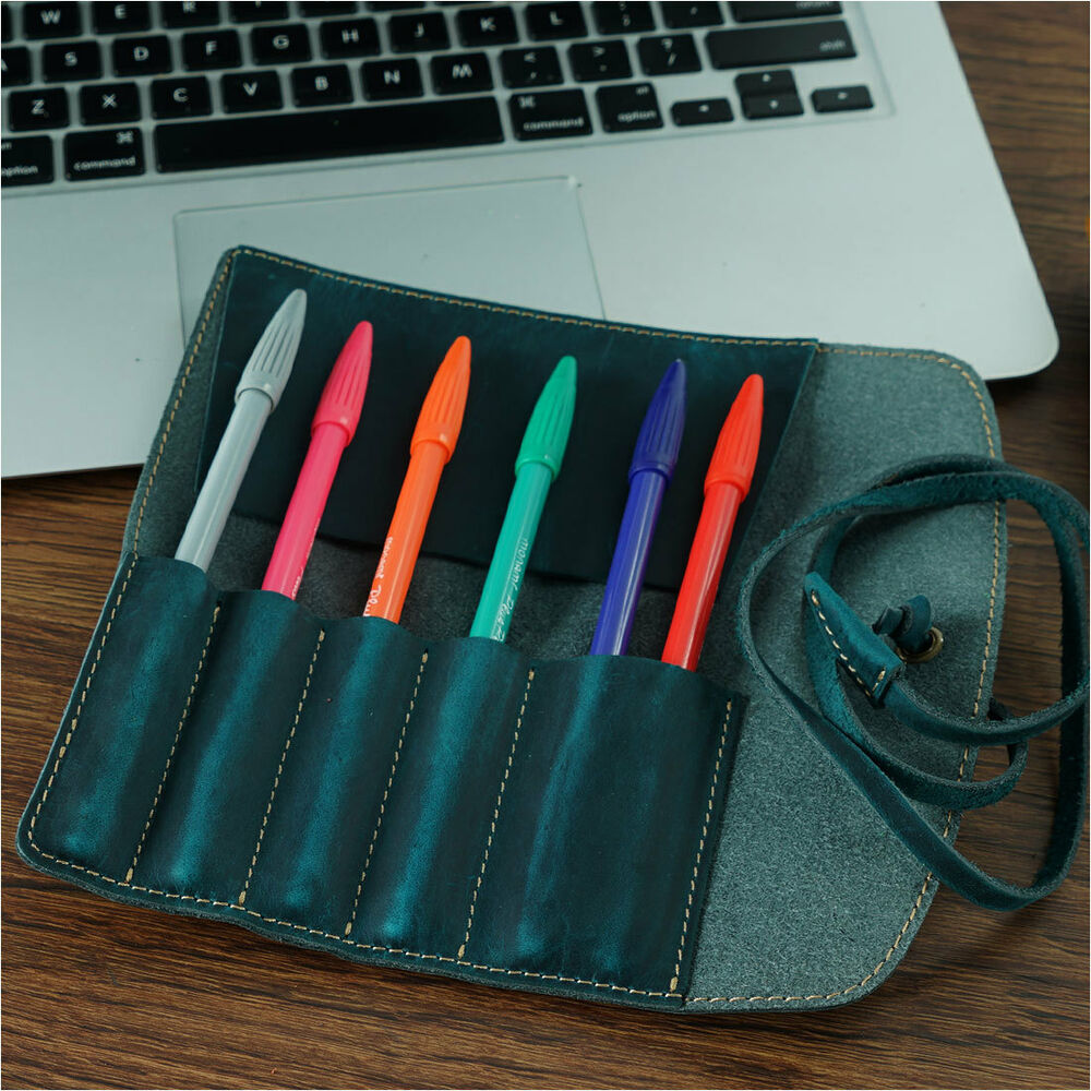Handmade Cowhide Leather Pen Pouch Vintage Roll-up Pencil Case Bag Pen Curtain