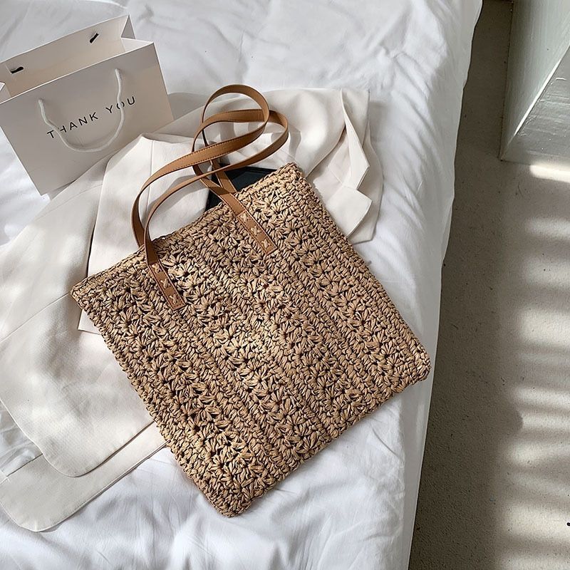 Straw Beach Shoulder Bags Summer Vacation Handbags Hand-Woven Tote Beige/Khaki