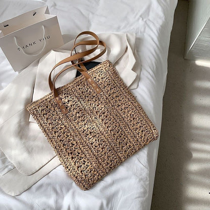 Straw Beach Shoulder Bags Summer Vacation Handbags Hand-Woven Tote Beige/Khaki