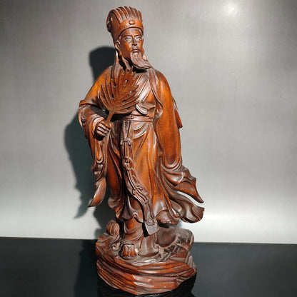 7" Chinese Antique Wooden Statue Carvings Boxwood Zhuge Liang Wisdom Reflection
