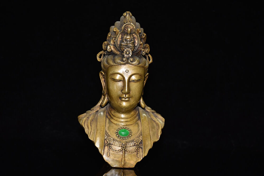 Ancient brass inlaid gemstone Guanyin head ornament