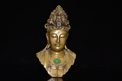 Ancient brass inlaid gemstone Guanyin head ornament