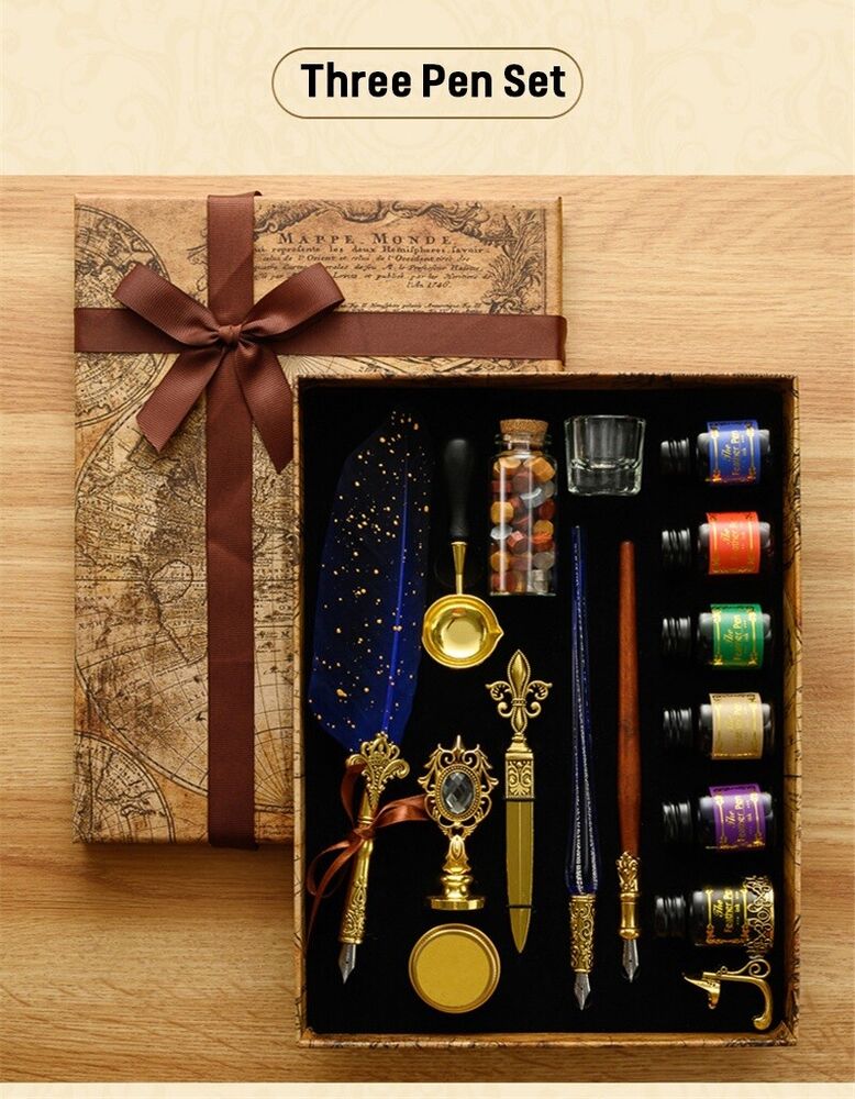 Wax Stamps Seal Feather Dip Quill Ink Gift Calligraphy Sealing Kits 2 3 Pen Sets