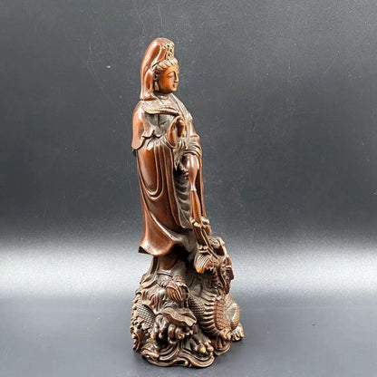 Collection China Boxwood Carving Dragon Kuan Yin Statue Sculpture Decoration Art