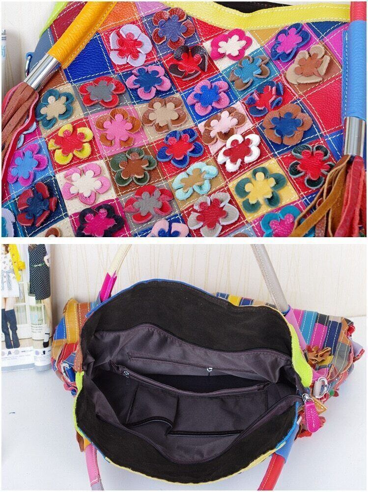 Genuine Leather Cowhide Bag Handmade FlowersShoulder Bag Female Handbag